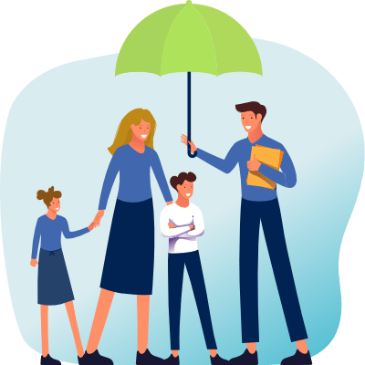 An illustration of a family sheltering under a large umbrella